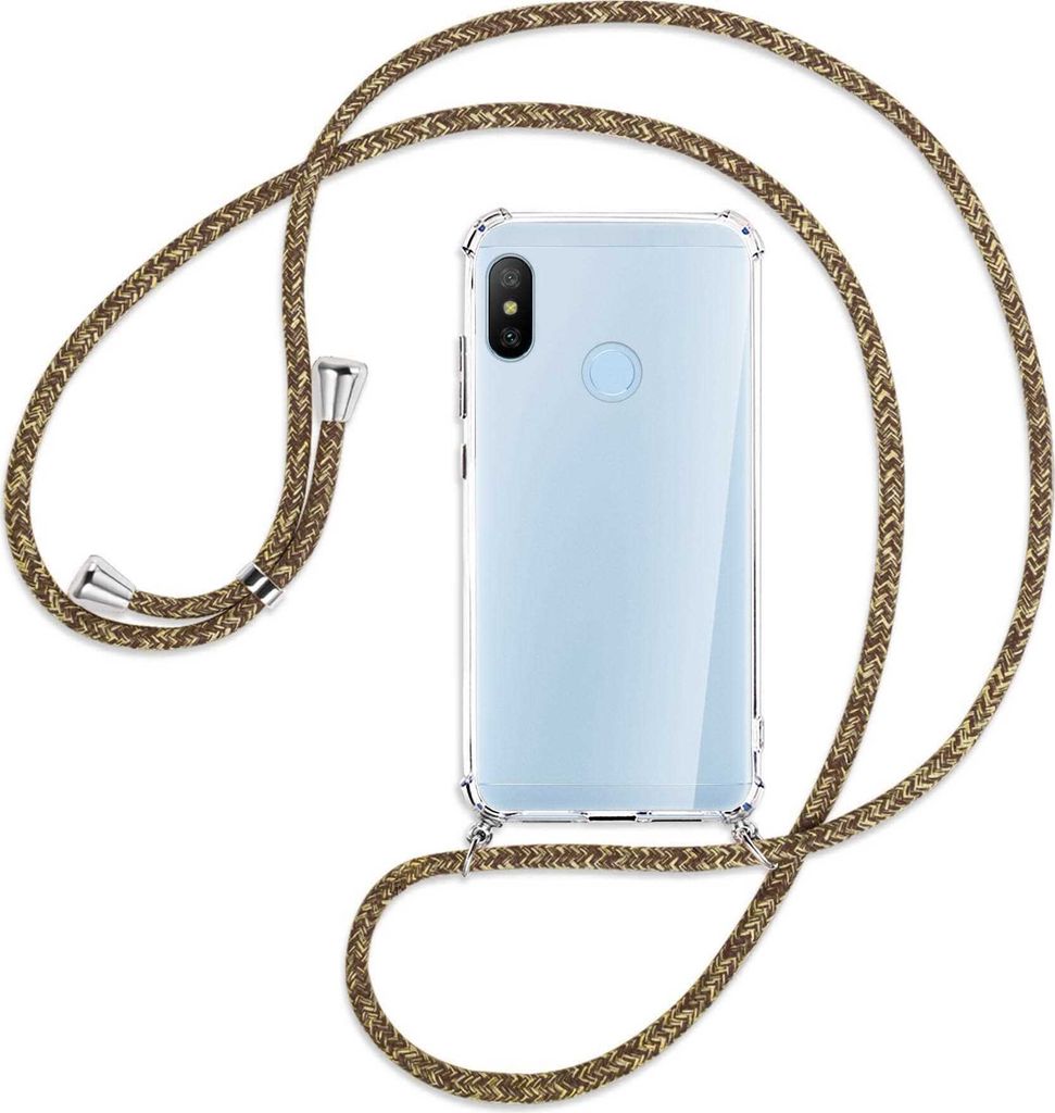 Handykette Backcover-Schutzhülle mit Band (Metall silberfarben) für Xiaomi Mi A2 Lite - braun+beige