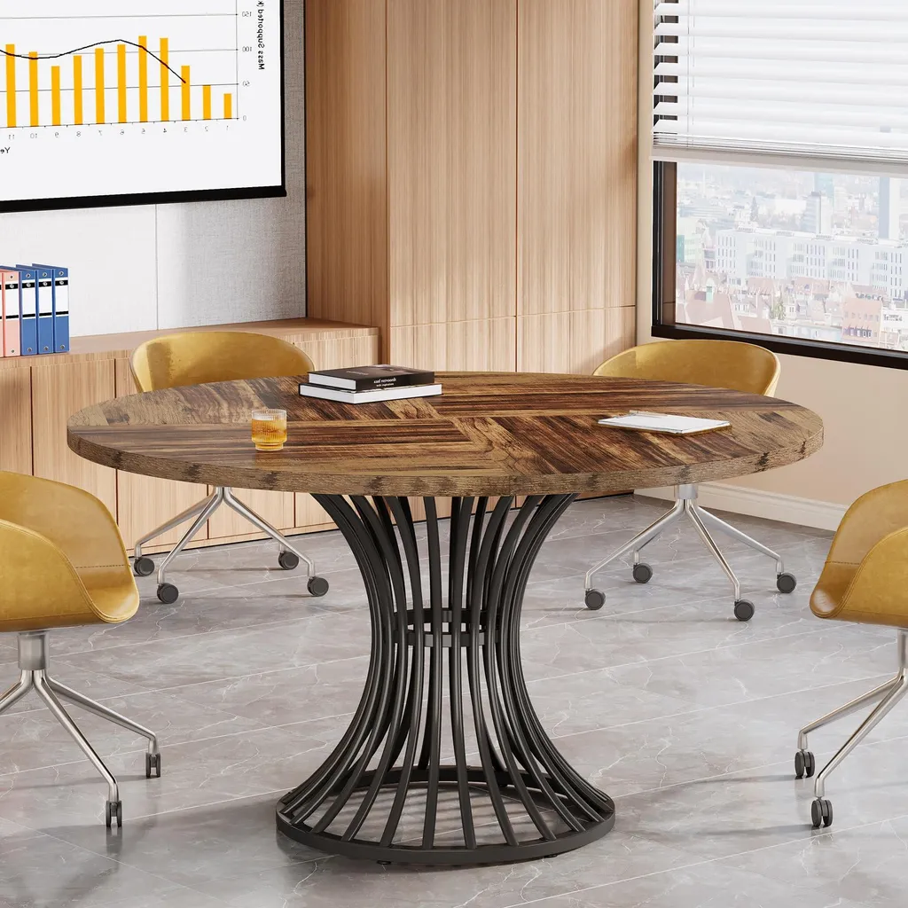 Bureau industriel rond 120cm, plateau épais et cadre métal résistant