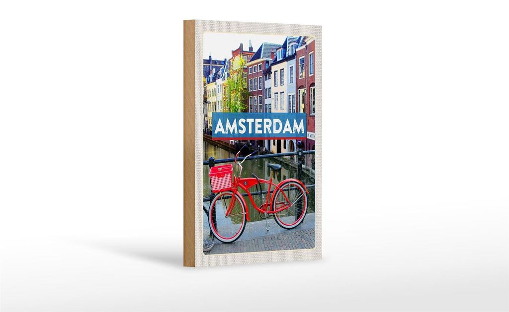 Holzschild Reise 12x18 cm Amsterdam Reiseziel Fahrrad Dekoration