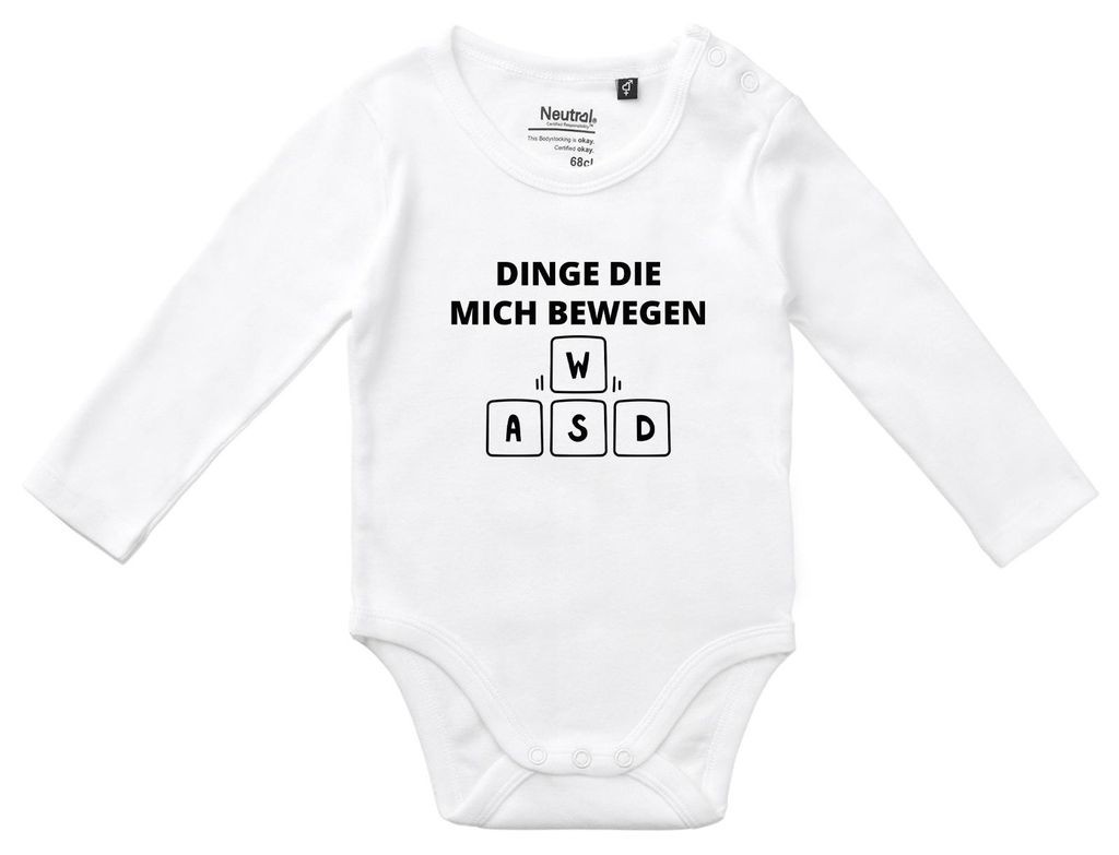 Huuraa Baby Body Dinge die mich bewegen Tastatur W A S D 80 White Baumwolle Fairtrade Langarmbody Geschenkidee