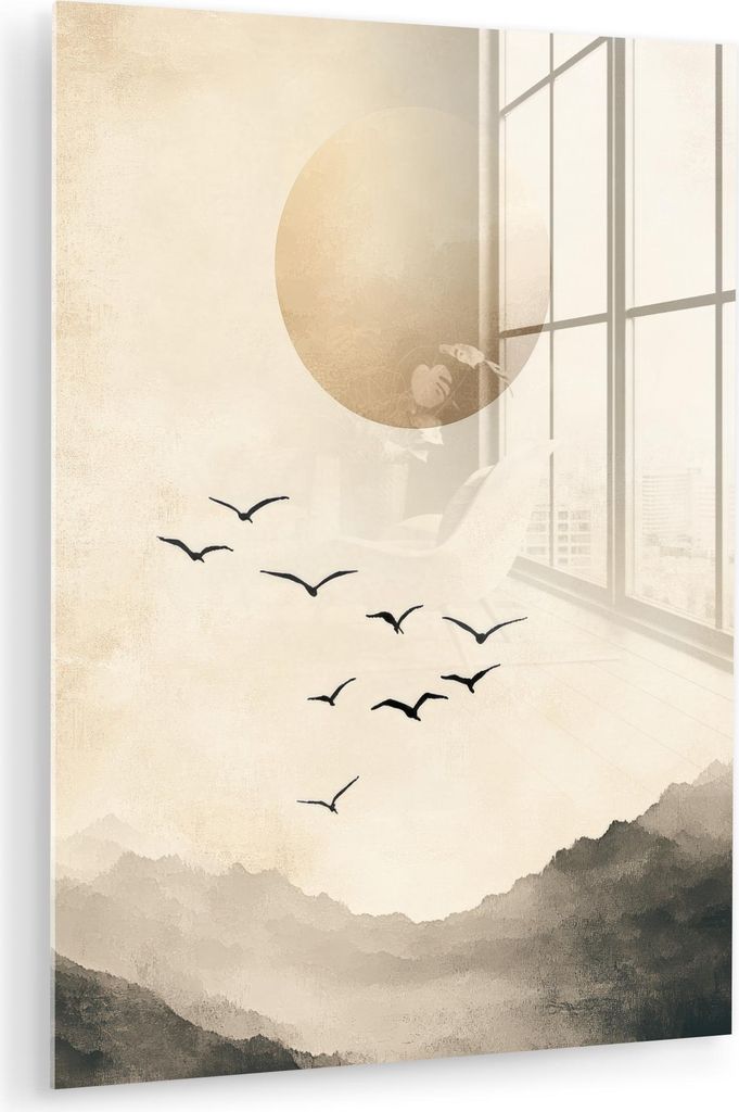 MuchoWow Glasbilder - Bilder auf Wandbild - Foto auf Glas Landschaft - Japandi - Vogel 60x80 cm Wanddekoration aus Glas - Acrylglasbild - Acrylbild...