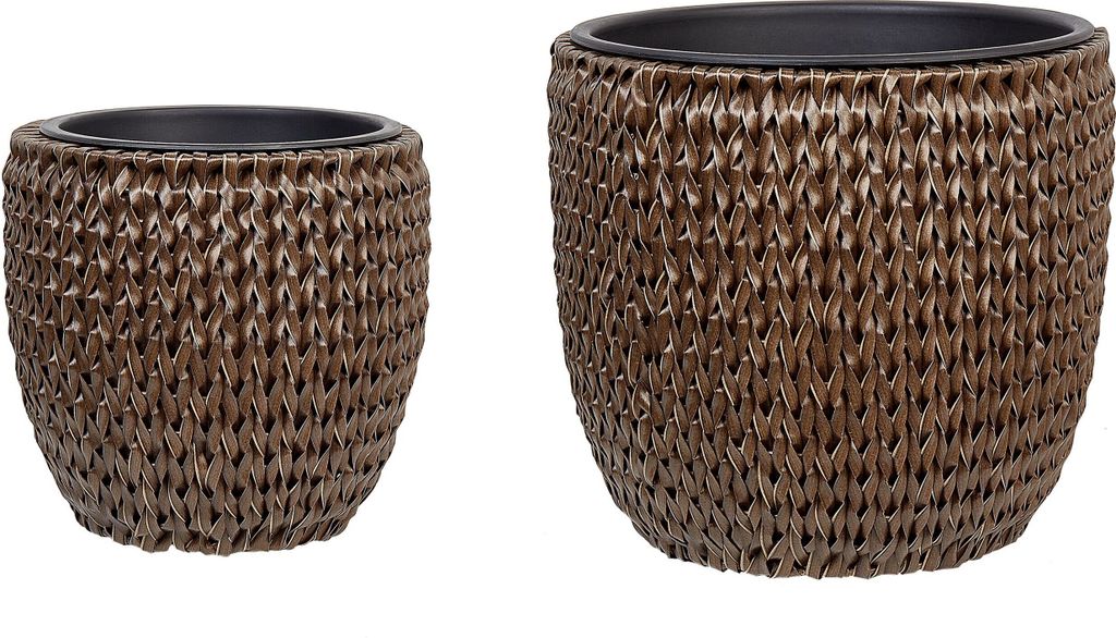 BELIANI Blumentopf 2er Set Dunkelbraun Rattan mit Innentopf Rund Bauchig Geflochten Verschiedene Größen 34 cm und 42 cm Hoch Modern Outdoor & Indoor
