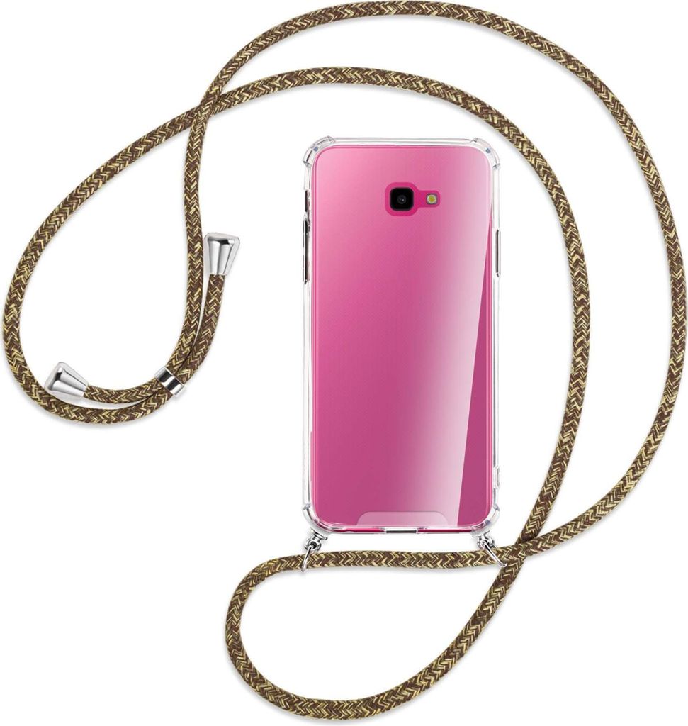 Handykette Backcover-Schutzhülle mit Band (Metall silberfarben) für Samsung Galaxy J4 Plus - braun+beige