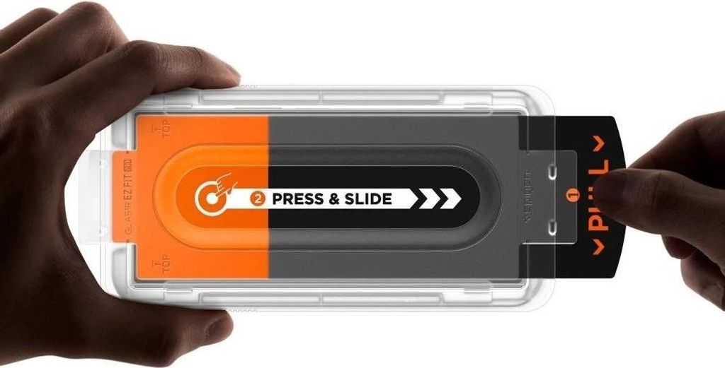 Hands holding a device with an orange and gray applicator for installing a screen protector.