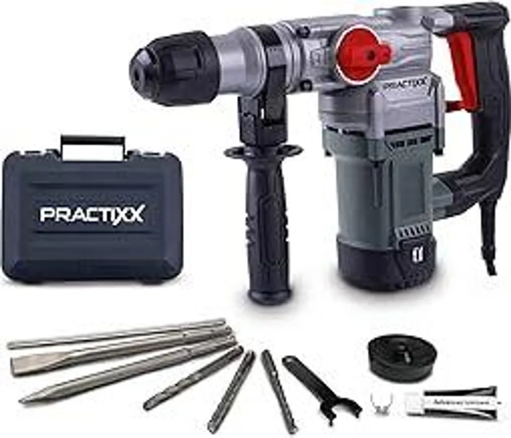 Practixx 3in1 Martello perforatore PX-BH-5 Martello demolitore con 5 joule e 1050 W | Capacità di perforazione 28 mm nel cemento | Attacco SDS-Plus | Impugnatura supplementare | Cavo da 3 m Trapano | incl. 3 punte, valigetta, scalpello a punta e scalpello piatto - 1