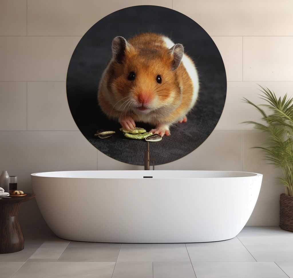 Wallario wasserfestes Poster selbstklebend 120 x 120 cm, Putziger Hamster mit Nüssen zwischen den Pfoten, Badezimmerposter Spritzschutz mit Hochgl...