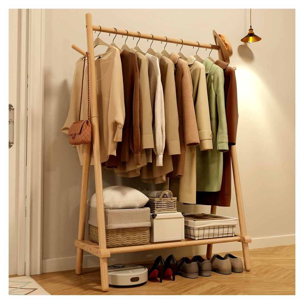 Kleiderständer aus Massivholz mit Stange, Regal und 4 Haken, einfache Montage für Schlafzimmer und Garderobe (Naturholz - ohne Rollen)