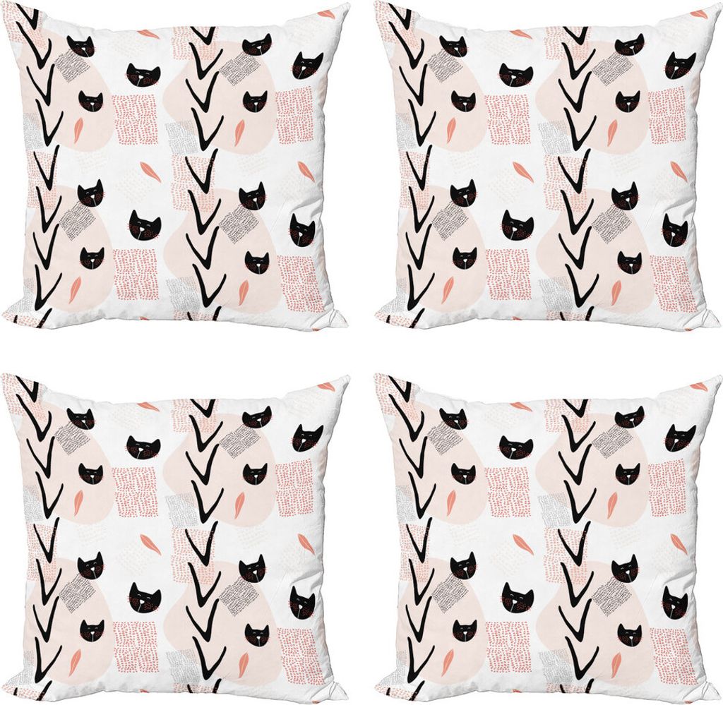 ABAKUHAUS Modern Kissenbezug Set (4 Stück), Cat Faces Gepunktete, Moderner Doppelseitiger Digitaldruck, 40 cm x 40 cm, Dunkler Coral Schwarz Pfirsich