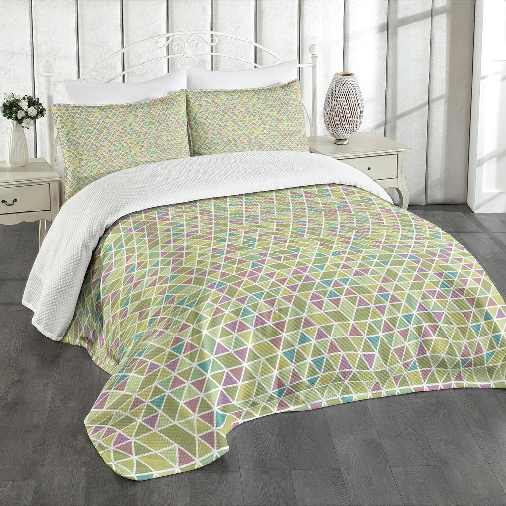ABAKUHAUS Geometrisch Tagesdecke Set, Bunte Triangles getrennt mit Weiß Diagonal und horizontalen Streifen drucken, 220 x 220 cm, Mehrfarbig