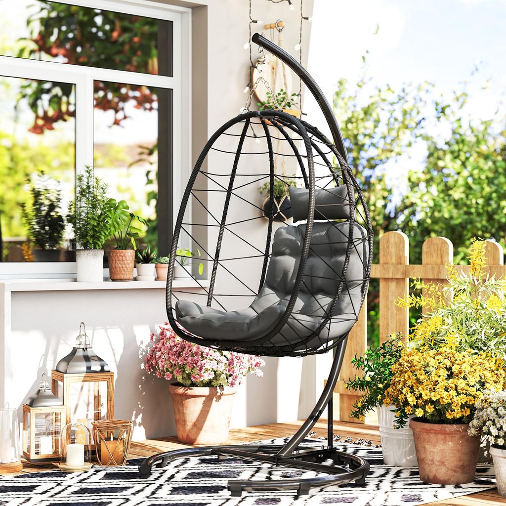 Hängesessel Outdoor mit Gestell Polyrattan Hängestuhl klappbar wetterbeständig inkl. Kissen & Schutzhülle bis 150kg Egg Chair Dunkelgrau