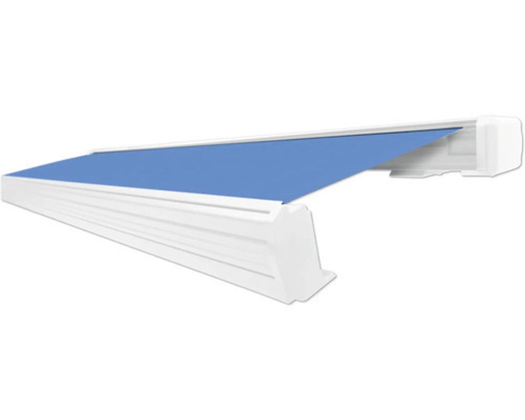 SOLUNA Kassettenmarkise Exquisit 4,5x2,5 Dessin S2828 Gestell RAL 9010 reinweiß Antrieb rechts inkl. Motor und Wandschal