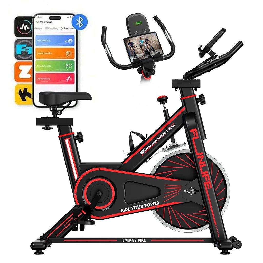 FunLife C1 Heimtrainer – Smart Indoor Bike mit Bluetooth & App-Training, leiser Riemenantrieb, stufenloser Widerstand, bis 120 kg, Neon-Rot