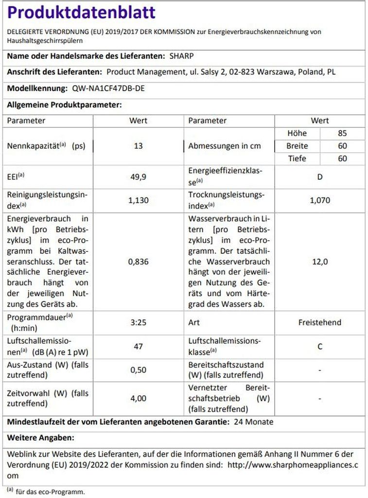 Sharp QW-NA1CF47DB-DE Geschirrspüler Produktbild 8