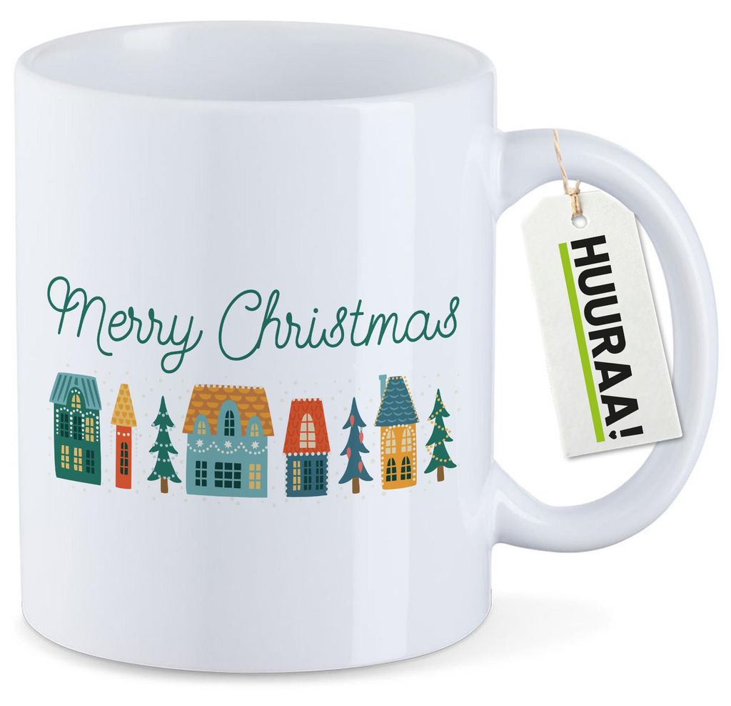 Huuraa Kaffeetasse Merry Christmas Weihnachtsdorf 330ml Weiß Keramik Kaffeebecher Geschenkidee