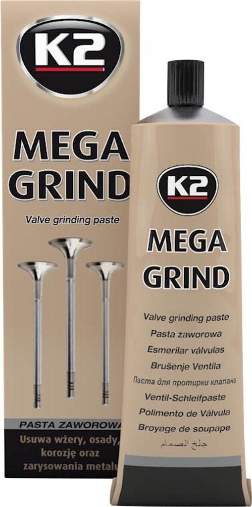 The image shows the packaging and tube of K2 Mega Grind valve grinding paste.