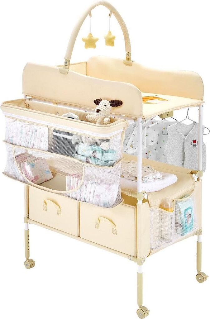 Foldable Baby Changing Diaper Station with Side Basket & Hanging Rod Beige