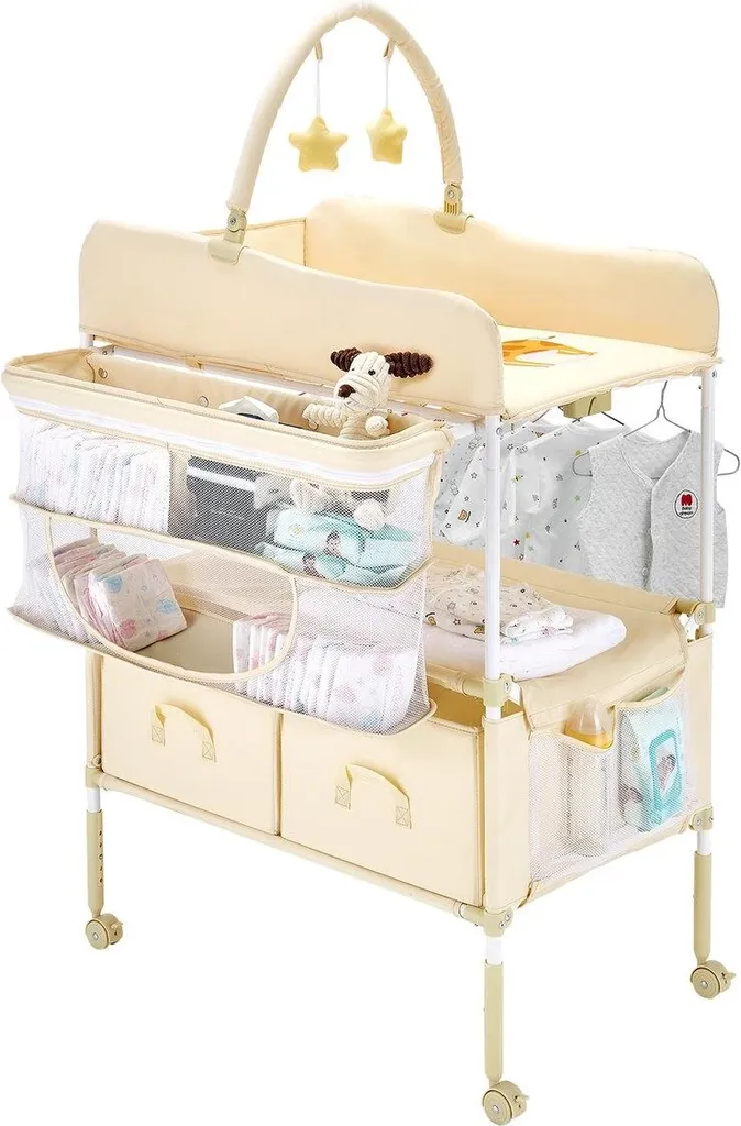 Table à langer pliable beige avec panier latéral et tringle de séchage
