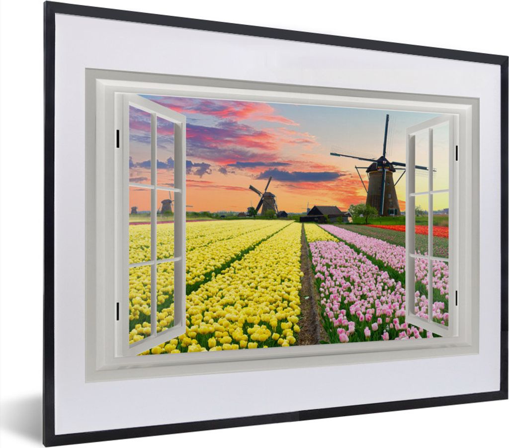 MuchoWow MuchoWow Gerahmtes Poster Aussicht - Sonnenuntergang - Tulpen 40x30 cm - Poster mit zchwarzem Bilderrahmen - Bilderrahmen - Poster im ...