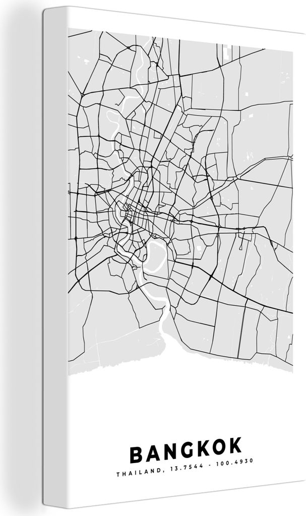 OneMillionCanvasses - Leinwandbilder - 90x140 cm, Bangkok - Stadtplan - Schwarz und weiß - Karte, Wandbilder Kunstdruck Wanddekoration - Foto au...