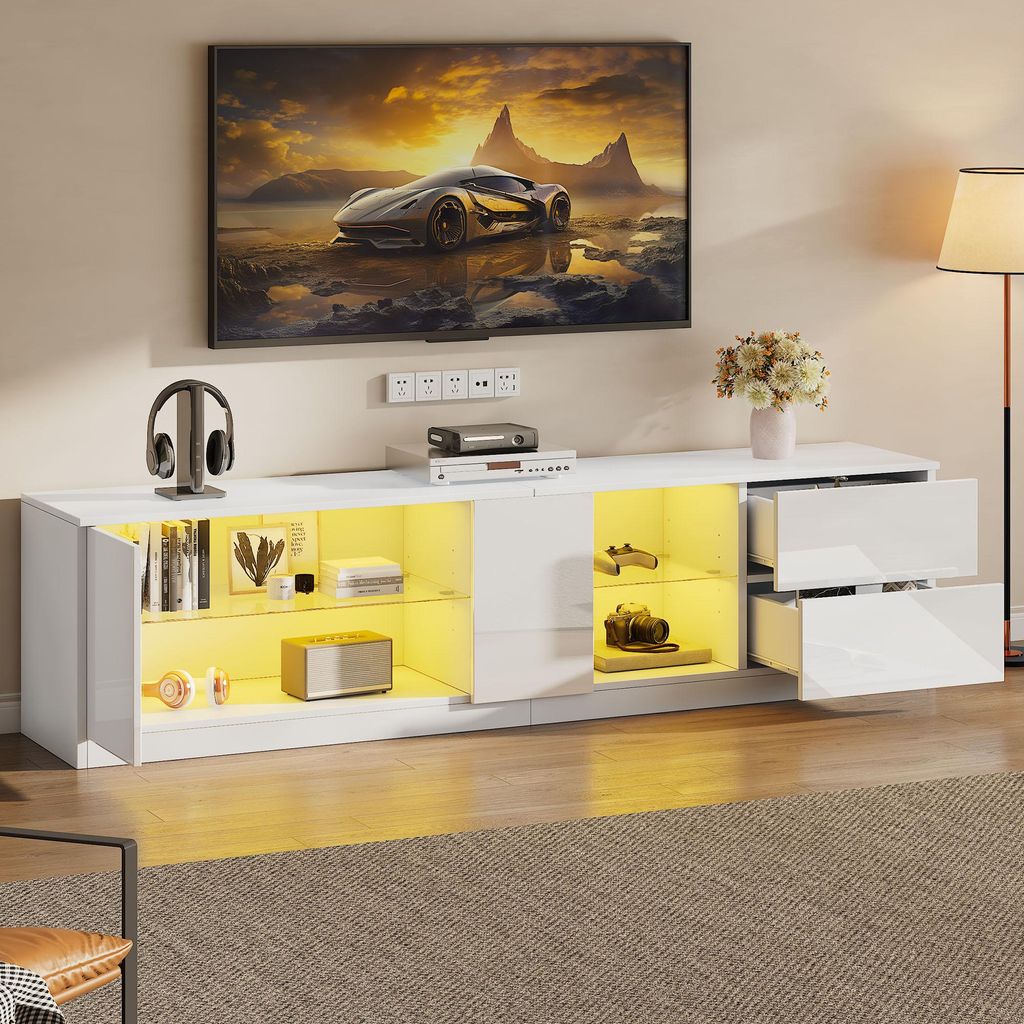 okwish TV-Lowboard TV-Schränke mit Hochglanz-Oberfläche,multifunktionales Fernsehschrank mit LED-Beleuchtet,geeignet für 65 Zoll Fernseher, Weiß