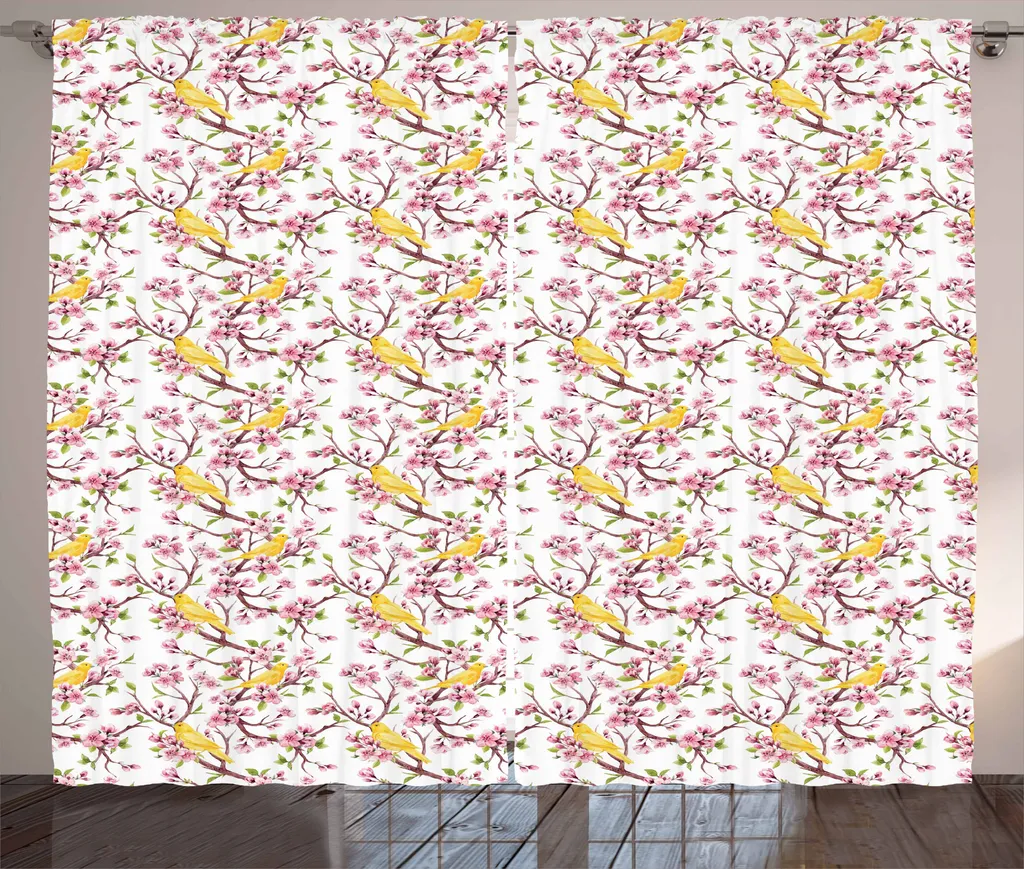 ABAKUHAUS Tenda rustica con motivo fiori di ciliegio, tema primaverile, tenda con passanti e ganci per camera da letto, 280 x 175 cm, rosa secca gialla