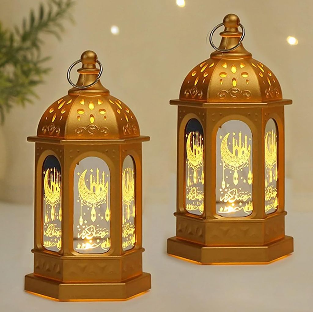 2 Stück Ramadan Deko Lampe,Eid Mubarak Laterne Mond Stern Dekoration,Ramadan Dekoration Muslimische Festival Dekorative,Gold