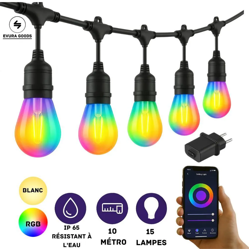 Guirlande lumineuse RGB 10m étanche - 15 ampoules LED intelligentes