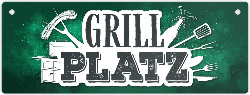 Grillplatz Metallschild in grün Fleisch Wurst grillen Grill Bier Hobby Besteck