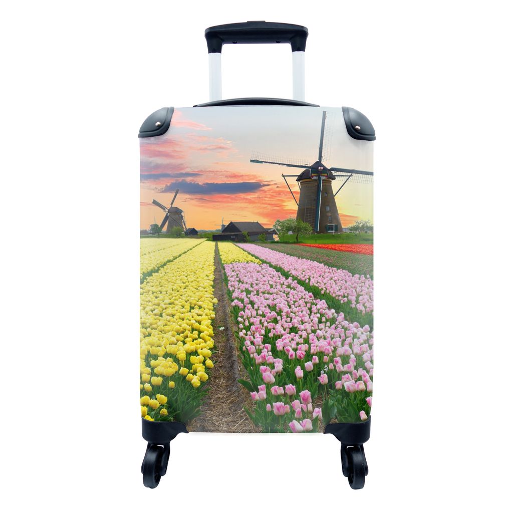 MuchoWow Koffer Handgepäck Trolley Rollkoffer Kleine Reisekoffer mit 4 Rollen - Windmühle - Tulpen - Blumen - Niederlande - Cabin Size < 55x40x...