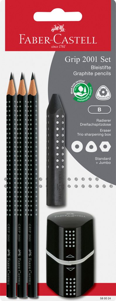 FABER-CASTELL Bleistift GRIP 2001 Set schwarz Blister