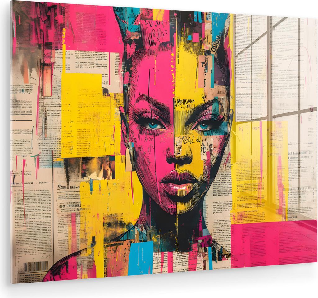 MuchoWow Glasbilder - Bilder auf Wandbild - Foto auf Glas Frauengesicht - Zeitungspapier - Abstrakt - Rosa 40x30 cm Wanddekoration aus Glas - Acryl...