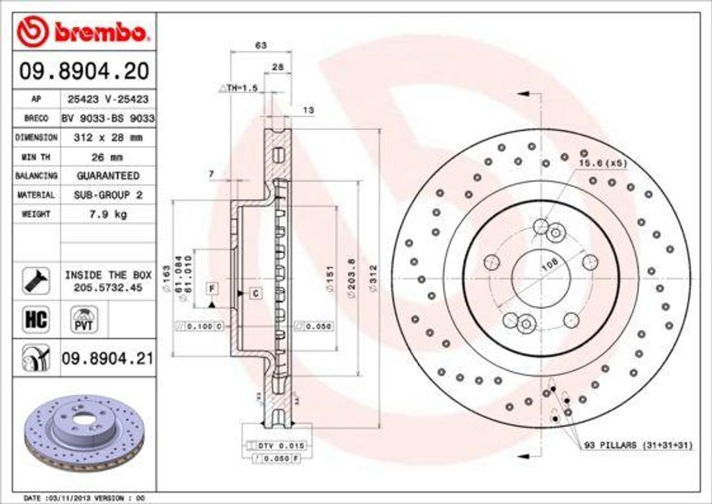 BREMBO 09.8904.21 Bremsscheibe OE 7701208843 kompatibel mit Megane