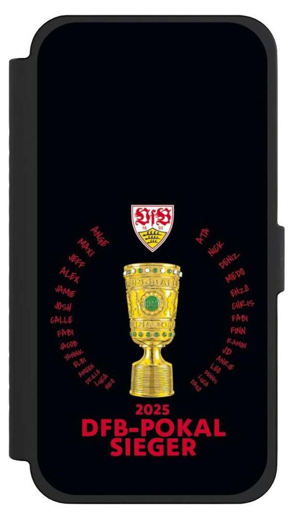NIVOCASE Klapphülle für Apple iPhone 15 Pro Max Handyhülle aus Kunst Leder NIVOflip schwarz Offizielles Lizenzprodukt Pokal VfB Stuttgart