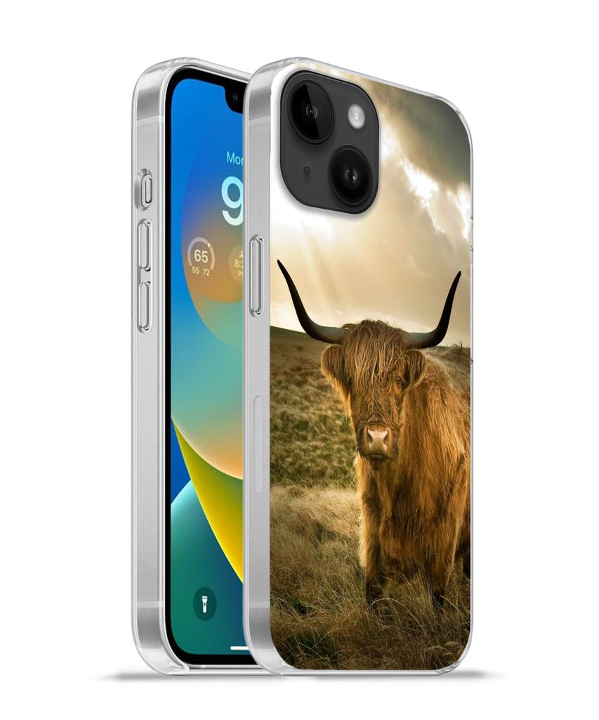 MuchoWow Handyhülle Schutzhülle Hülle für Apple iPhone 14 - Softcase Schottischer Hochländer - Sonne - Tiere Silikon Softcase Handy Hülle -...