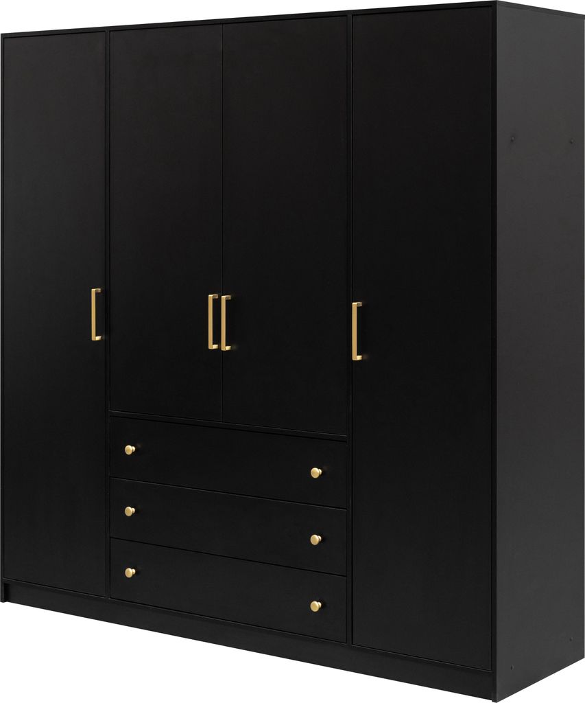 A black wardrobe with gold handles and drawers against a white background.