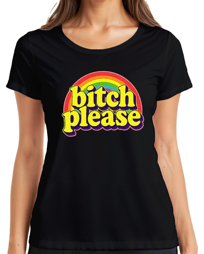 bitch please Retro Regenbogen 70er frech Geschenk lustig groovy Damen T-Shirt, Schwarz, S
