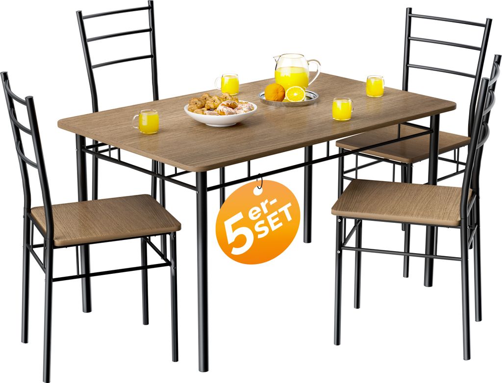 CASARIA Esstisch mit 4 Stühlen Holz 5-tlg. Set Metall 110x70cm Industrial Esszimmer Küche Stühle Tisch Möbel Essgruppe Sitzgruppe Vintage Braun