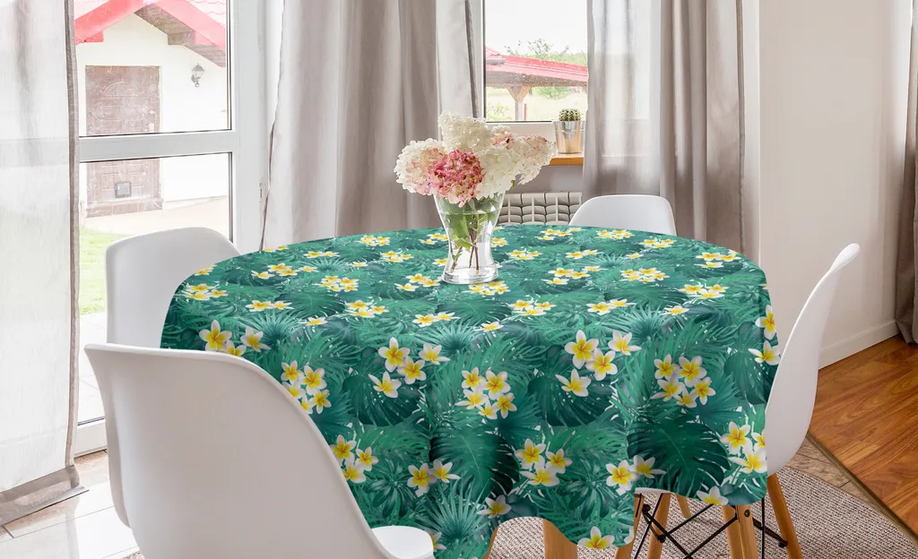 ABAKUHAUS Tovaglia rotonda esotica, Plumeria Palm Leaves Art, tovaglia circolare per sala da pranzo e decorazione della cucina, 150 cm, verde mare e giallo