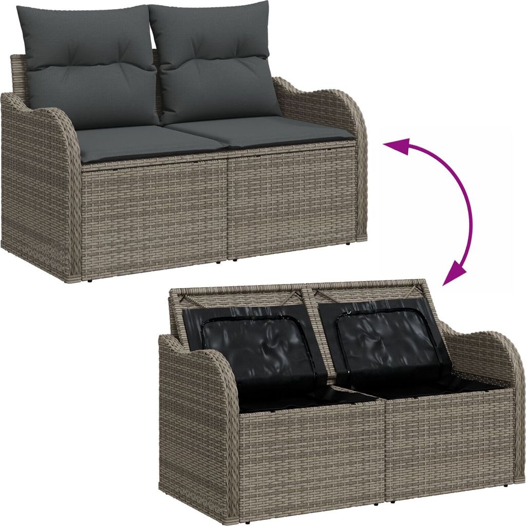 Möbel 9-teiliges Garten Sofa Set mit Kissen Graues Poly Rattan, 2-Sitzer Garten Sofa mit Stauraum & Kissen Graues Poly Rattan - Gartensofas 3358211