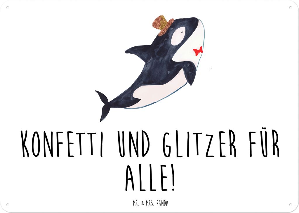 Mr. & Mrs. Panda Schild Orca Zylinder DIN A3 - Weiß - Geschenk, Glitzer, Wandbild, Narwal, Geburtstag, Fest, Blechschild, Konfetti, wandtafel, Mee...