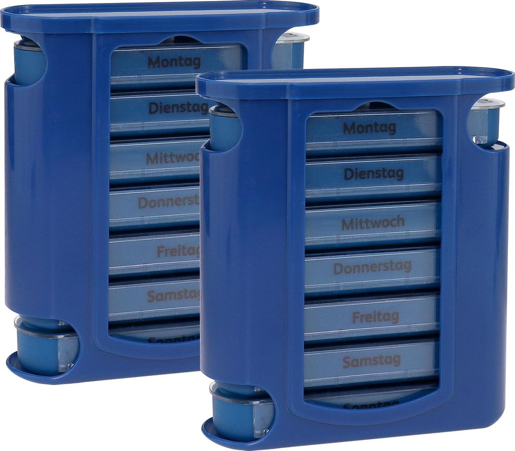 WELLGRO Sonderposten - Tablettenbox für 7 Tage - je 4 Fächer pro Tag , 11,5 x 4,5 x 13 cm (BxTxH) - - Menge wählbar, Stückzahl:2 Stück