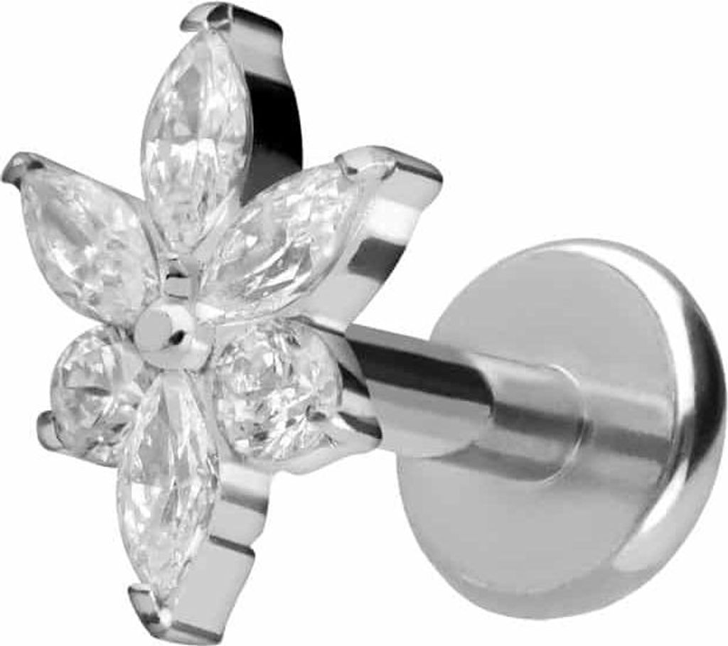 Ohrpiercing, Nasenpiercing Titan Labret mit Push Fit KRISTALLBLUME Silber Stablänge: 6mm | Stabstärke: 1,2mm