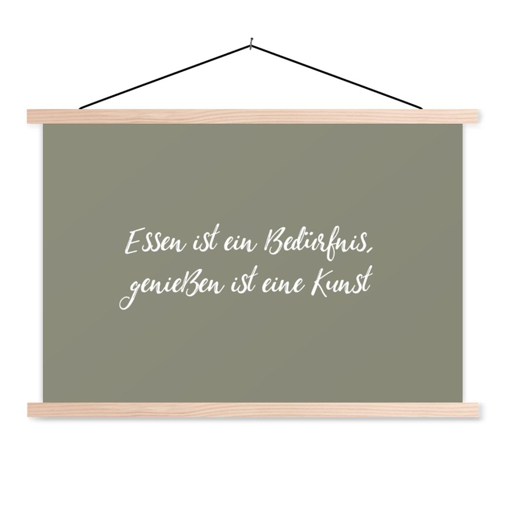 MuchoWow Textilposter Essen ist ein Bedürfnis, genießen ist eine Kunst - Sprueken - Quotes - Food 60x40 cm mit holzfarbenen Rahmen - Bilder