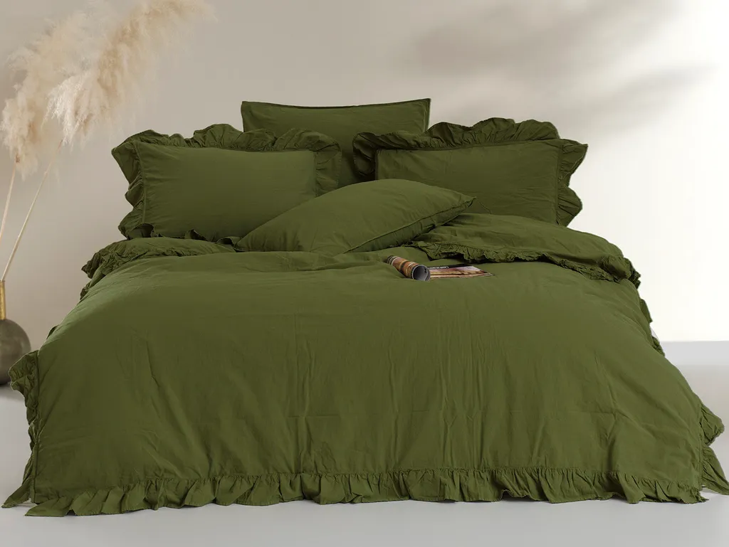 Biancheria Letto 160x200 Cotone No-Stiro Oliva - Lavaggio Stone