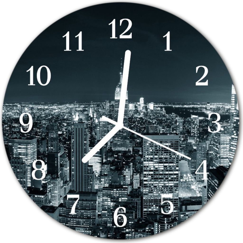 Glasuhr Wanduhr Küchenuhr Echt-Glas 30fi cm Skyline Nacht schwarz-weiß
