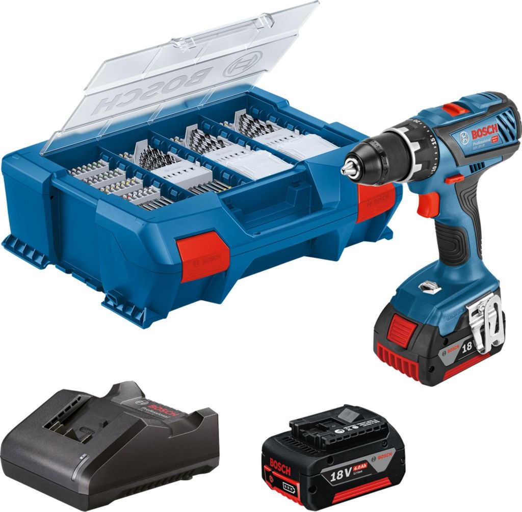 A Bosch cordless drill with accessories, including a bit set, battery, and charger, displayed on a white background.
