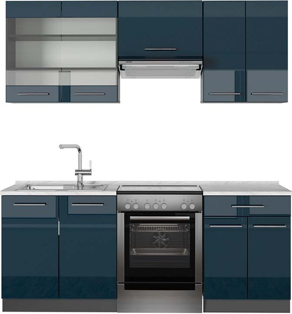 Küchenzeile Vicco Fame-Line Dunkelblau Hochglanz/Anthrazit 200 cm , AP Marmor, Model 49759