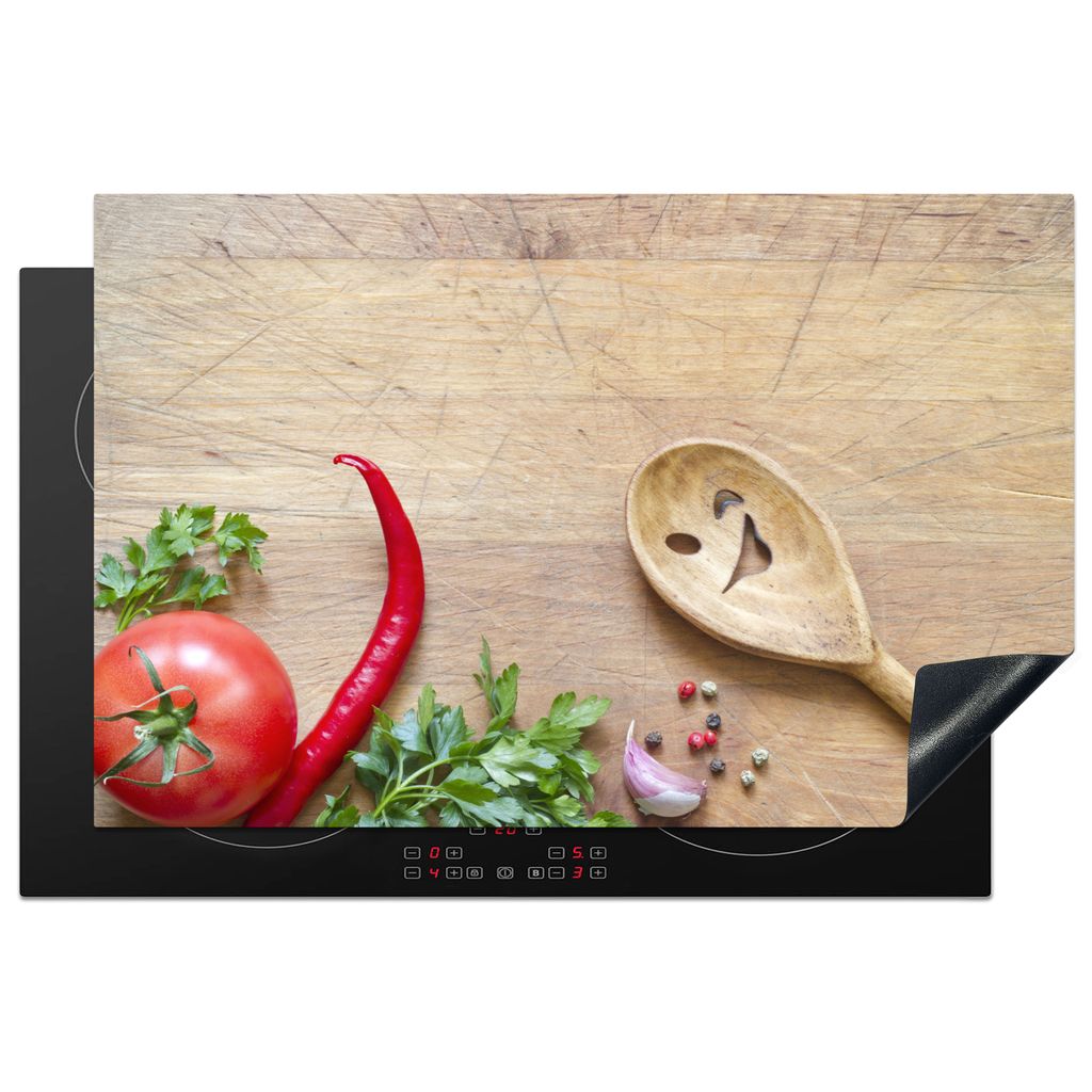 KitchenYeah Herdabdeckplatte Gemüse - Holzstruktur - Schöpfkelle - Smiley - Tomate , 81x52cm, Küche Deko, Glaskeramikkochfeld Herdabdeckung, A...