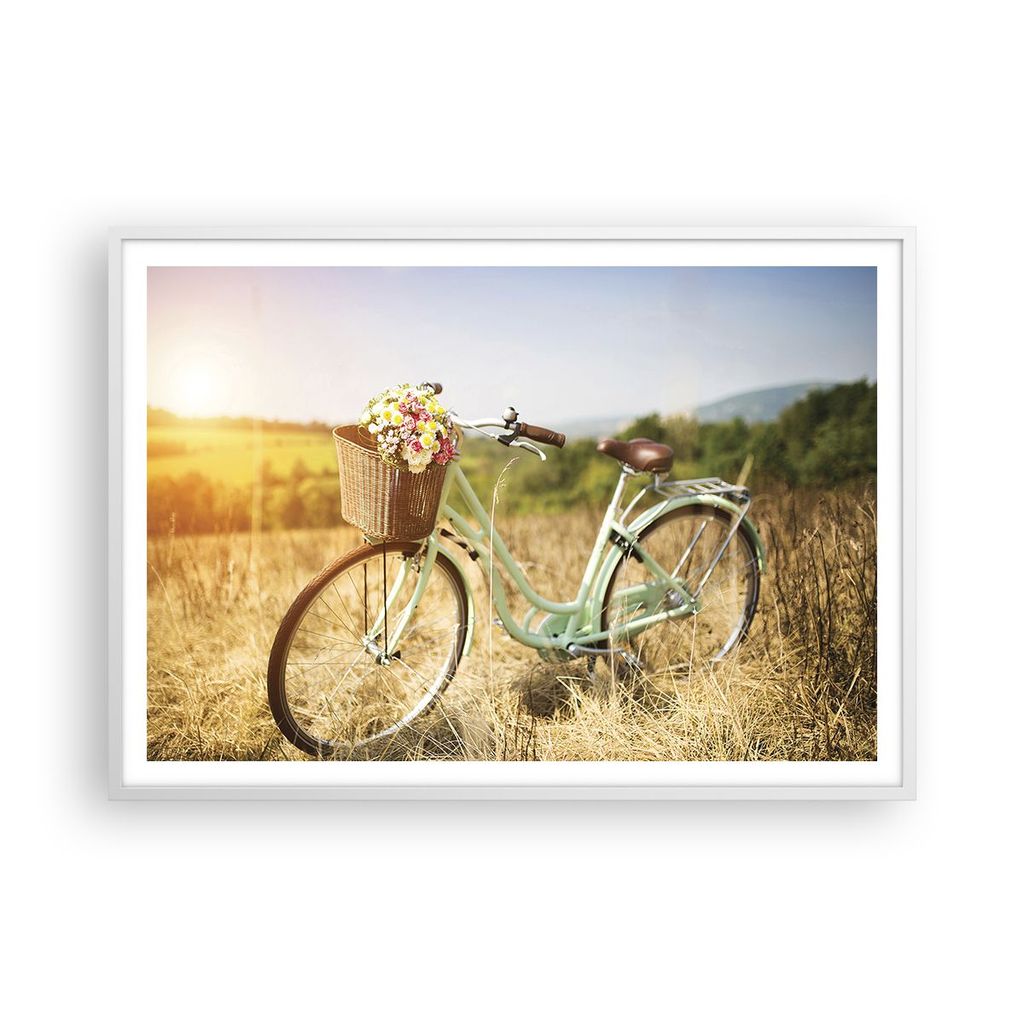Gerahmtes Poster - Weißer Rahmen - Fahrrad Wiese Blumen - 100x70 cm - Wand Bild - Wanddeko - Wandbilder - Kunstposter - Wandposter - Bilderrahmen ...