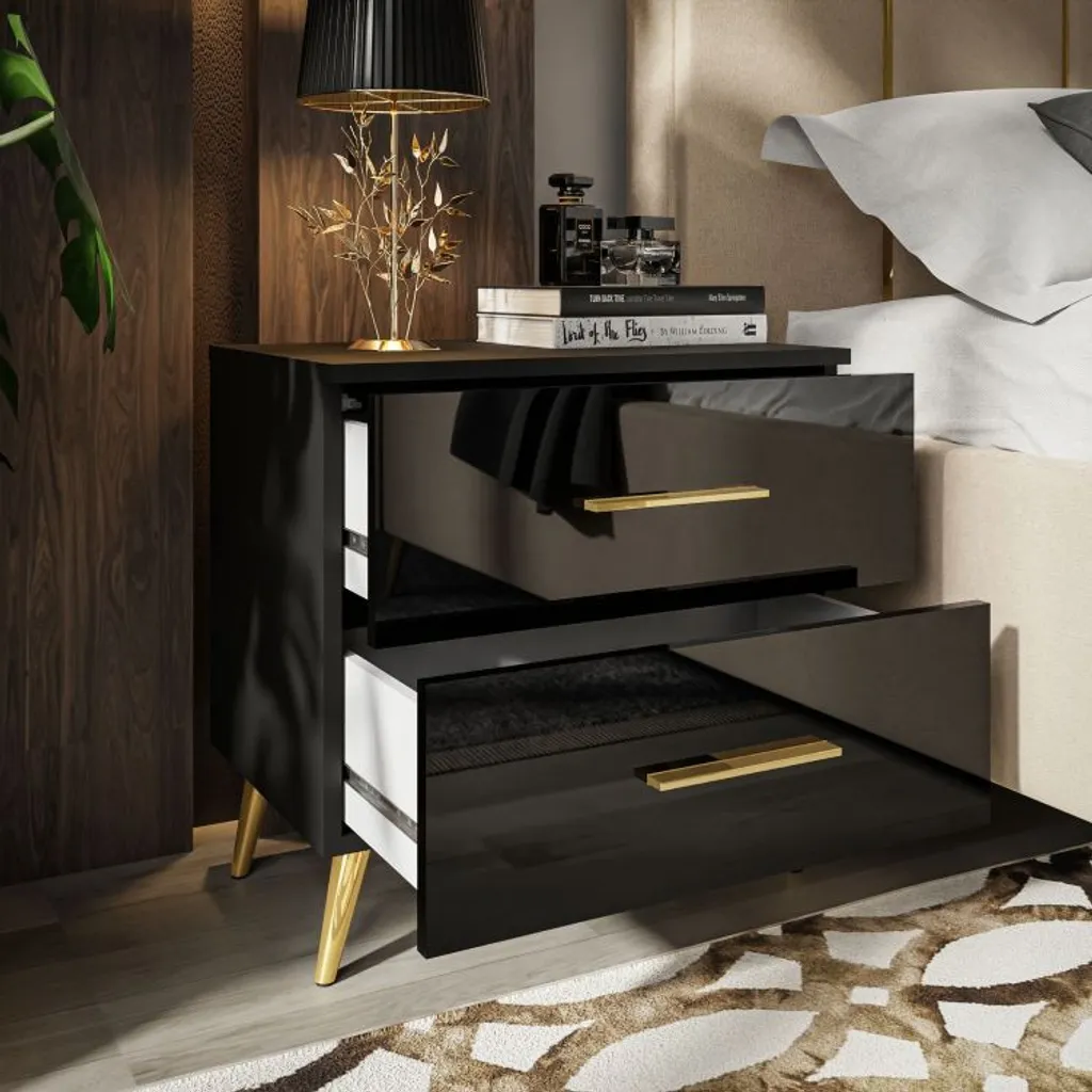 Commode de nuit LED design noir brillant avec rangements modernes
